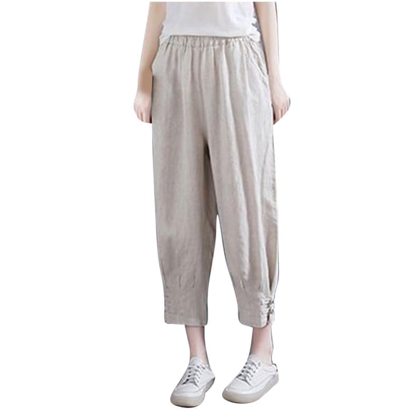 Lenpel Women's Plus Size Capri Pants Loose Elastic High Waisted Ankle Length Tapered Pants Cropped Casual Trousers with Pockets
