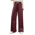 thumbnail image 1 of Lenpel Women's Plus Size Casual Pants Elastic High Waisted Drawstring Wide Leg Cotton Linen Trousers Baggy Lounge Pants with Pockets, 1 of 4