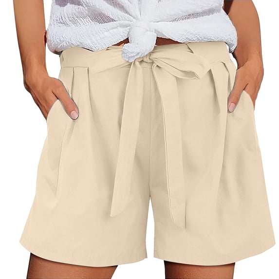 Lenpel Women's Plus Size Casual Shorts Elastic High Waisted Tie Front Pleated Wide Leg Shorts Summer Beach Shorts with Pockets