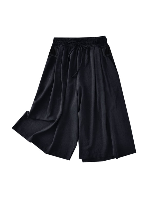 Women's Plus Size Culottes Capri Pants Elastic Waist Drawstring Wide Leg Lounge Cropped Pants Palazzo Capris Trousers