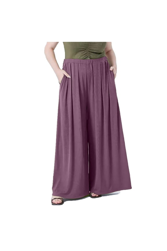 Women's Plus Size Culottes Pants Ribbed Wide Leg Elastic Waisted Trousers Flowy Palazzo Pants with Pockets