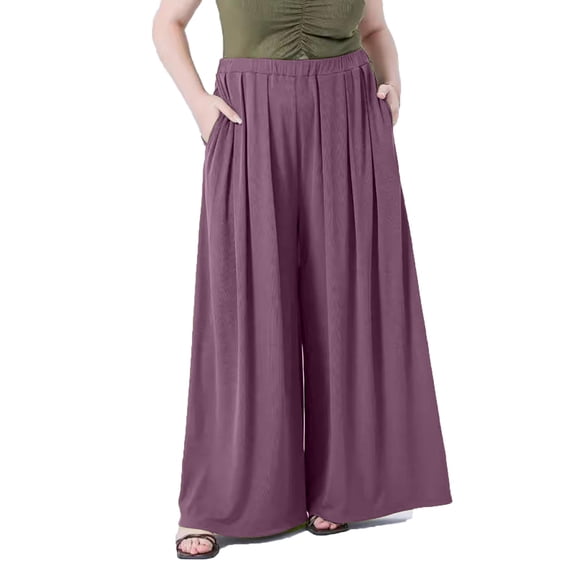 Lenpel Women's Plus Size Culottes Pants Ribbed Wide Leg Elastic Waisted Trousers Flowy Palazzo Pants with Pockets