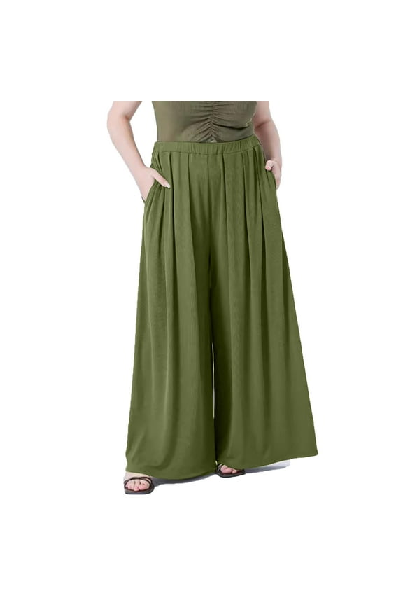 Women's Plus Size Culottes Pants Ribbed Wide Leg Elastic Waisted Trousers Flowy Palazzo Pants with Pockets