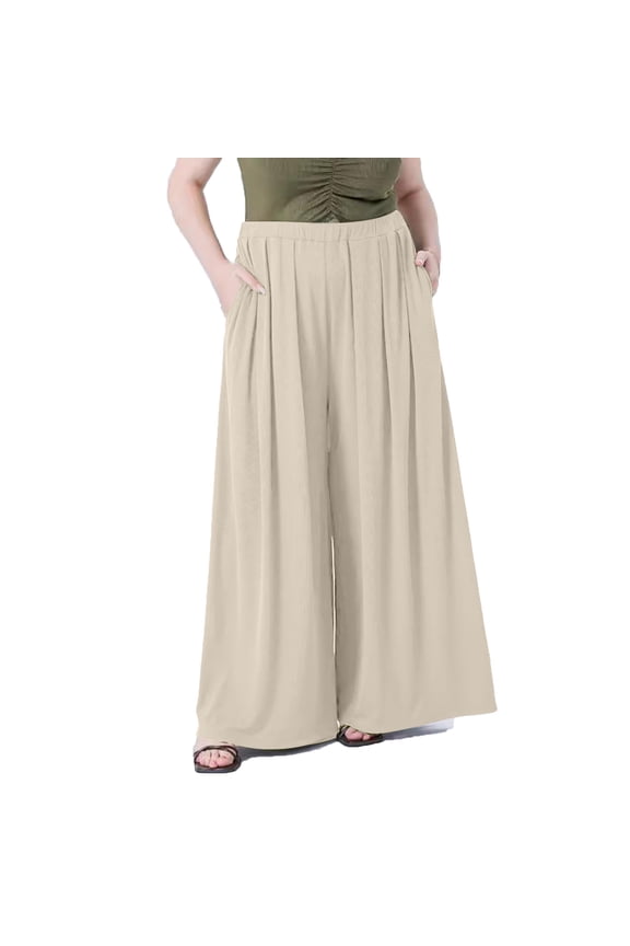 Women's Plus Size Culottes Pants Ribbed Wide Leg Elastic Waisted Trousers Flowy Palazzo Pants with Pockets