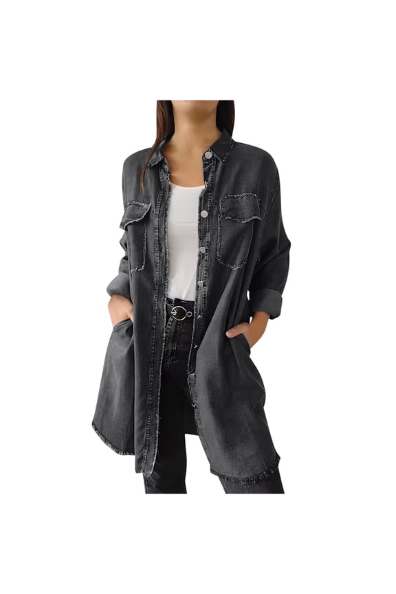 Women's Plus Size Denim Jackets Long Sleeve Button down Frayed Hem Jean Shacket Trendy Boyfriend Outwear