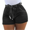 thumbnail image 1 of Lenpel Women's Plus Size Jean Shorts High Waisted Stretchy Belted Folded Hem Hot Pants Trendy Casual Shorts with Pockets, 1 of 7
