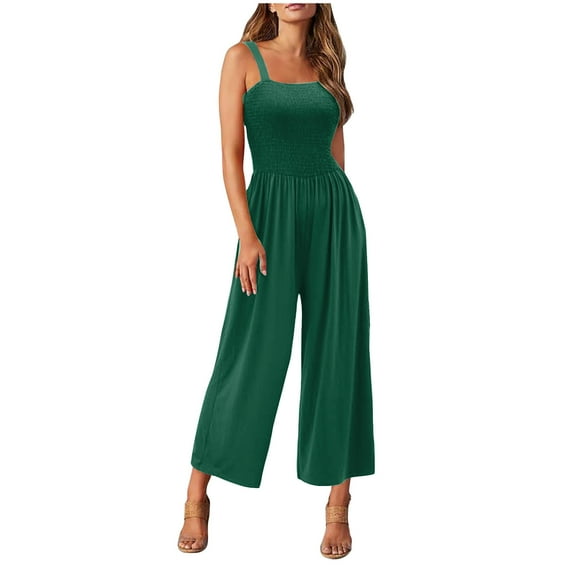 Lenpel Women's Plus Size Jumpsuits Casual Sleeveless Square Neck Ruched Wide Leg Long Pants Rompers Summer Beach Vacation Outfits