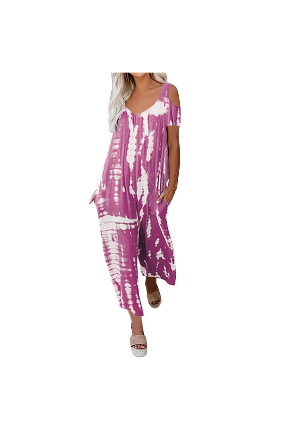 Women's Plus Size Jumpsuits Short Sleeve V Neck off Shoulder Printed Loose Casual Romper Wide Leg Overalls
