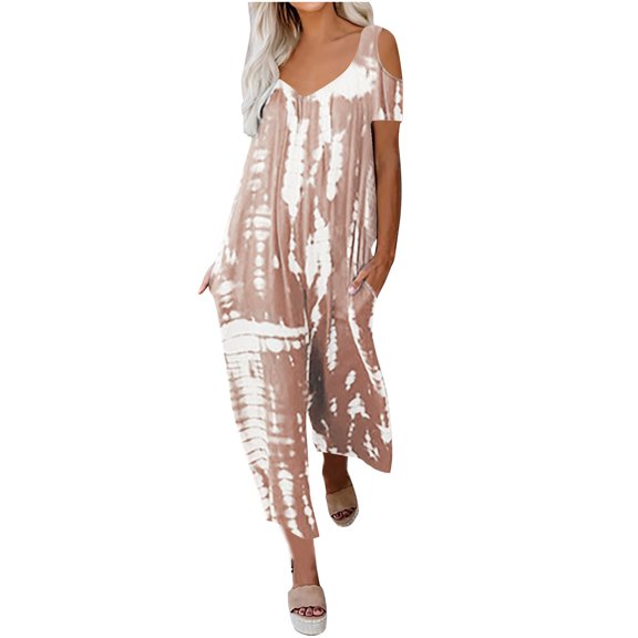 Lenpel Women's Plus Size Jumpsuits Short Sleeve V Neck off Shoulder Printed Loose Casual Romper Wide Leg Overalls