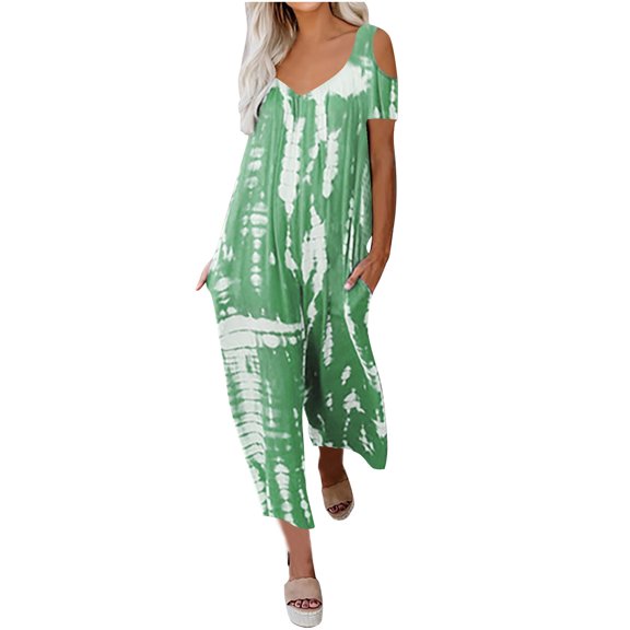 Lenpel Women's Plus Size Jumpsuits Short Sleeve V Neck off Shoulder Printed Loose Casual Romper Wide Leg Overalls