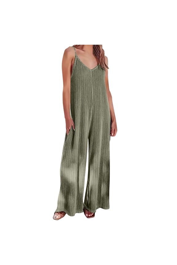 Women's Plus Size Jumpsuits Soft Casual V Neck Spaghetti Strap Ribbed Knit Loose Overalls Wide Leg Rompers