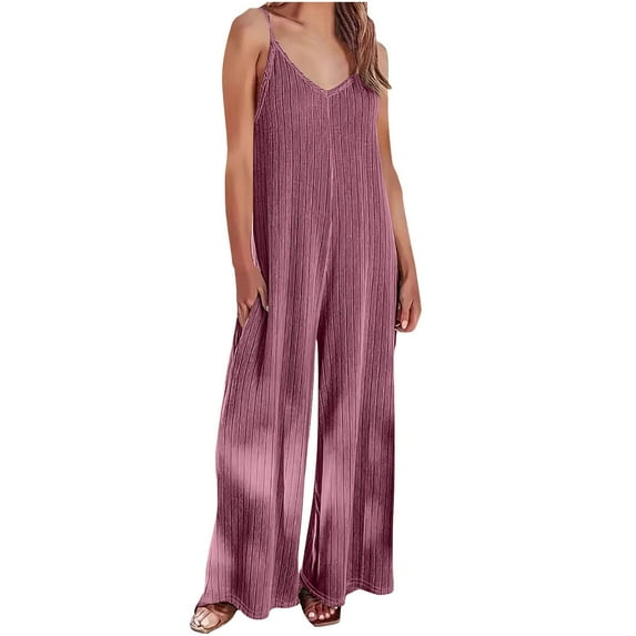 Lenpel Women's Plus Size Jumpsuits Soft Casual V Neck Spaghetti Strap Ribbed Knit Loose Overalls Wide Leg Rompers