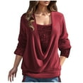 thumbnail image 1 of Lenpel Women's Plus Size Long Sleeve Shirts Fall Square Neck Patchwork Shinny Pullover Tops Loose Casual Blouses, 1 of 6