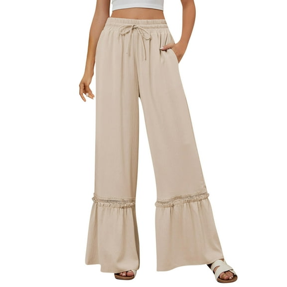 Lenpel Women's Plus Size Palazzo Pants Boho Elastic High Waisted Drawstring Patchwork Wide Leg Pants Casual Loose Beach Trousers