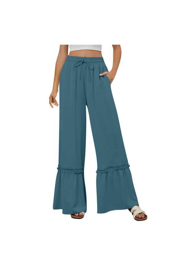 Women's Plus Size Palazzo Pants Boho Elastic High Waisted Drawstring Patchwork Wide Leg Pants Casual Loose Beach Trousers