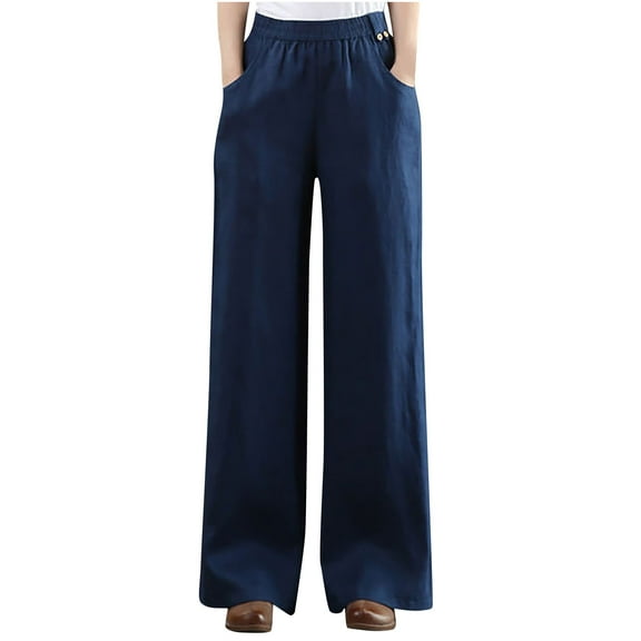 Lenpel Women's Plus Size Pants Baggy Elastic High Waisted Pull on Wide Leg Pants Palazzo Casual Trousers with Pockets
