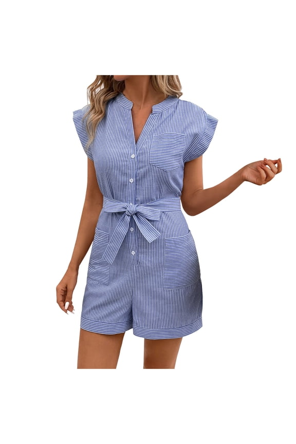Women's Plus Size Rompers Striped Cap Sleeve V Neck Button down Belted Wide Leg Jumpsuits Casual Overall Shorts with Pockets