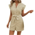thumbnail image 1 of Lenpel Women's Plus Size Rompers Striped Cap Sleeve V Neck Button down Belted Wide Leg Jumpsuits Casual Overall Shorts with Pockets, 1 of 7