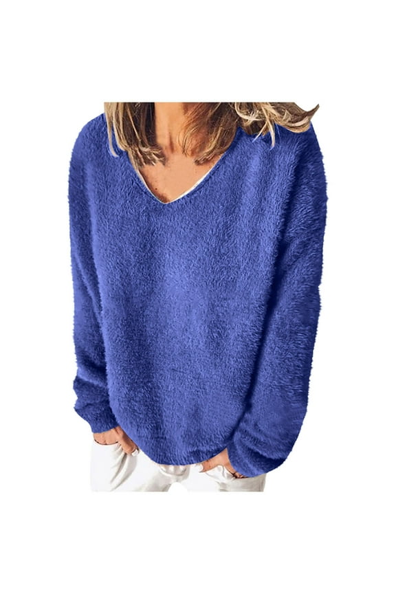 Women's Plus Size Sweaters Lightweight Fuzzy Fleece V Neck Long Sleeve Pullover Tops Casual Loose Sweatshirts