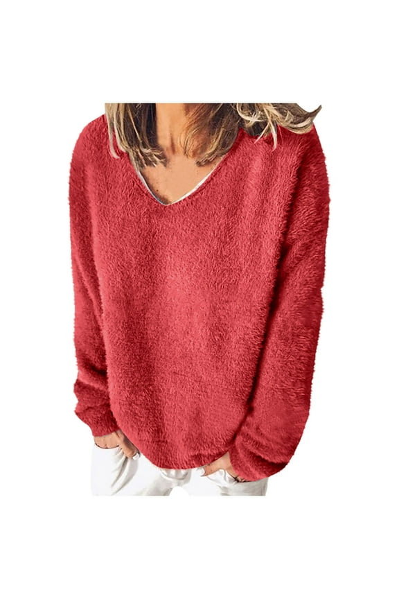 Women's Plus Size Sweaters Lightweight Fuzzy Fleece V Neck Long Sleeve Pullover Tops Casual Loose Sweatshirts