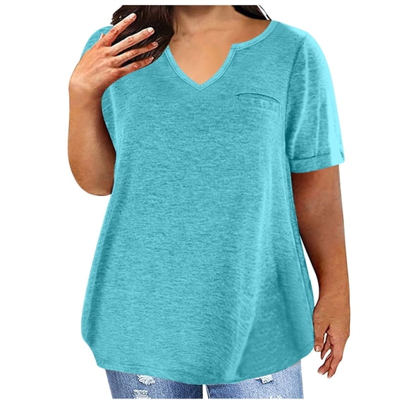 Lenpel Women's Plus Size T Shirts V Neck Short Sleeve Solid Color Casual Tee Tops Loose Tunic Blouses