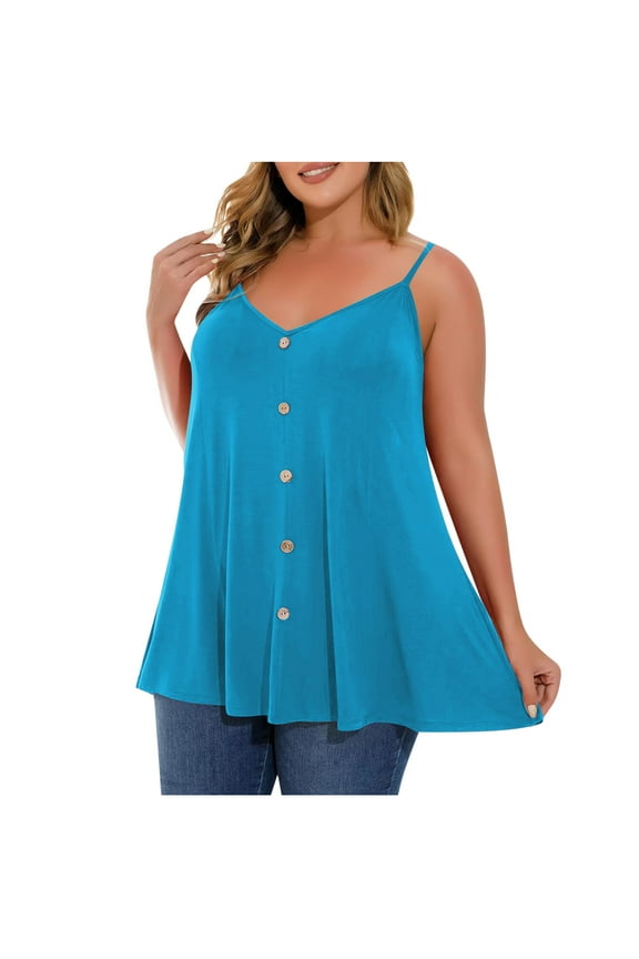 Women's Plus Size Tank Tops Summer Casual Spaghetti Strap V Neck Button Front Sleeveless T-Shirts Loose Cami Tunic Blouses