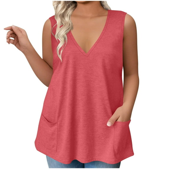 Lenpel Women's Plus Size Tank Tops Summer Casual V Neck Sleeveless T-Shirts Loose Tunic Tee Blouses with Pockets