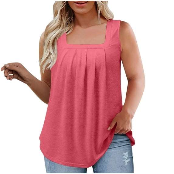 Lenpel Women's Plus Size Tank Tops Casual Loose Square Neck Pleated Front Sleeveless Tunic T-Shirts Fashion Summer Clothes