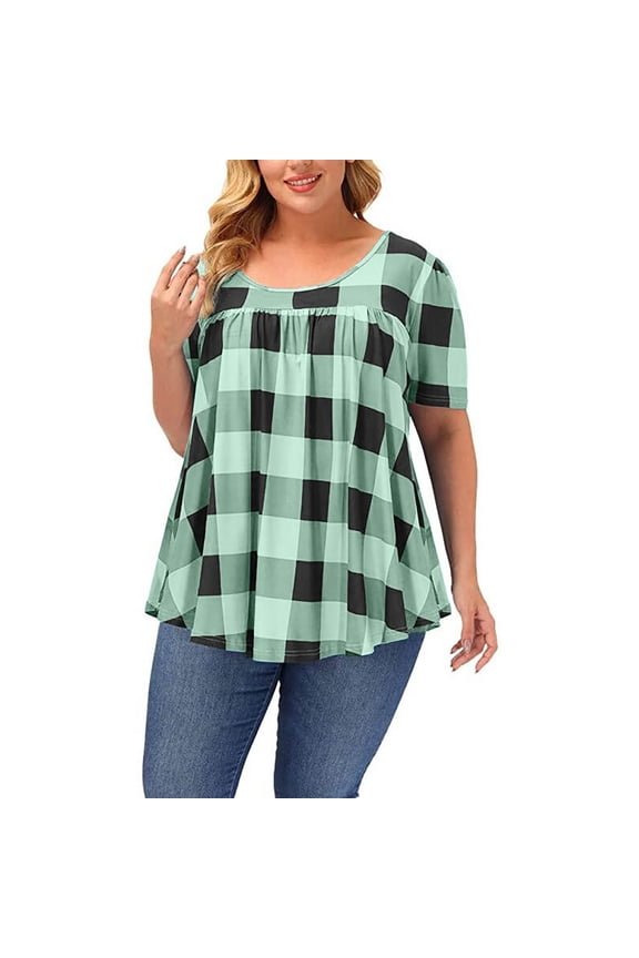 Women's Plus Size Tops Summer Short Sleeve Crew Neck Pleated Front Plaid Casual T Shirts Loose Tunic Tee Blouses