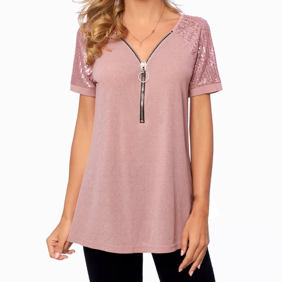 Lenpel Women's Plus Size Tops Summer V Neck Half Zip Sequined Patchwork Short Sleeve T-Shirts Casual Tunic Blouses