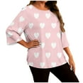 thumbnail image 1 of Lenpel Women's Plus Size Tops 3/4 Length Sleeve Crew Neck Curved Hem Heart Printed T Shirts Loose Casual Tunic Blouses(Pink,Large), 1 of 6