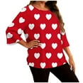 thumbnail image 1 of Lenpel Women's Plus Size Tops 3/4 Length Sleeve Crew Neck Curved Hem Heart Printed T Shirts Loose Casual Tunic Blouses(Red,3X-Large), 1 of 6