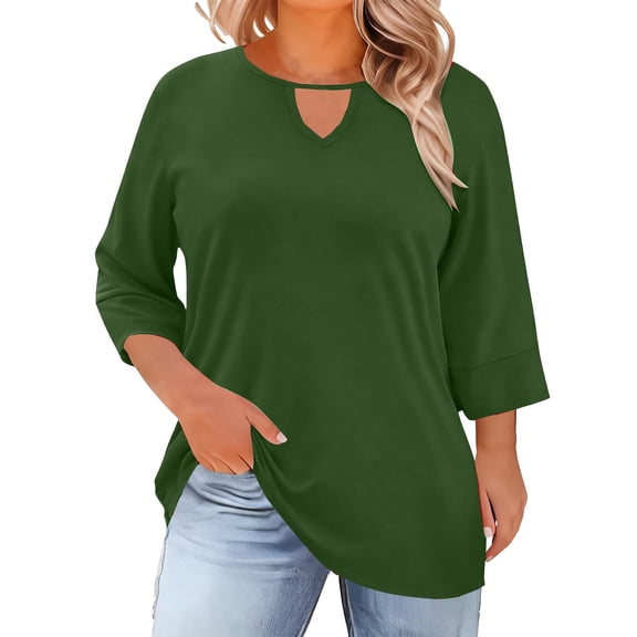 Lenpel Women's Plus Size Tops 3/4 Length Sleeve Crew Neck Cut out T Shirts Soft Casual Tees Loose Tunic Blouses(Army Green,4X-Large)