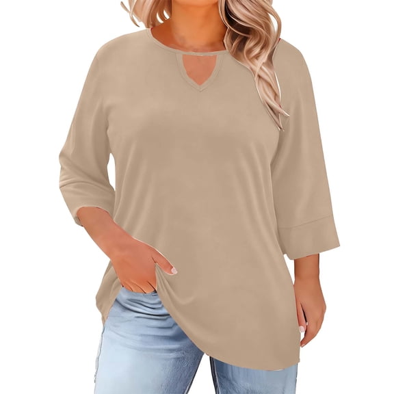 Lenpel Women's Plus Size Tops 3/4 Length Sleeve Crew Neck Cut out T Shirts Soft Casual Tees Loose Tunic Blouses(Khaki,XX-Large)