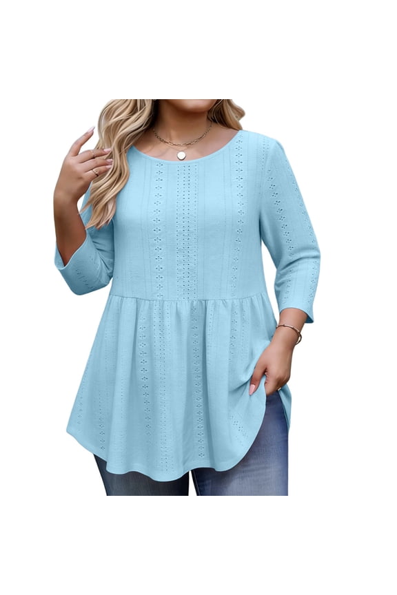 Women's Plus Size Tops 3/4 Length Sleeve Crew Neck Eyelet Embroidered Pleated Babydoll T-Shirts Trendy Tee Blouses