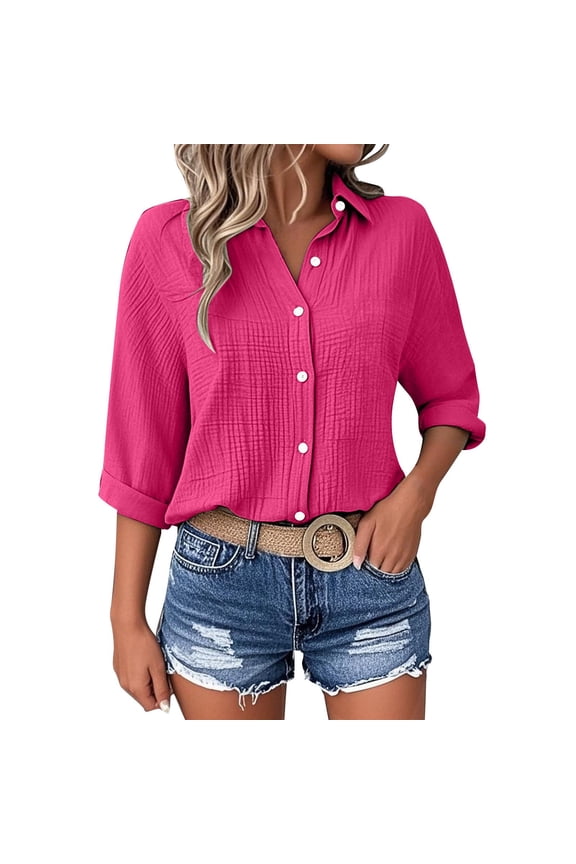 Women's Plus Size Tops 3/4 Length Sleeve Pleated Collared Button down Shirts Loose Tunic Tops Fashion Casual Blouses