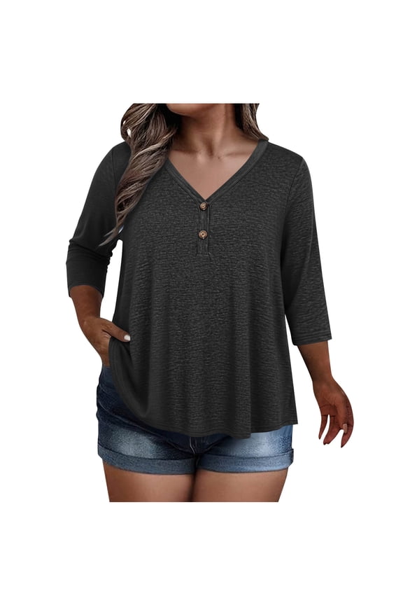 Women's Plus Size Tops 3/4 Length Sleeve V Neck Quarter Button Curved Hem Flowy Pleated T-Shirts Casual Tunic Blouses