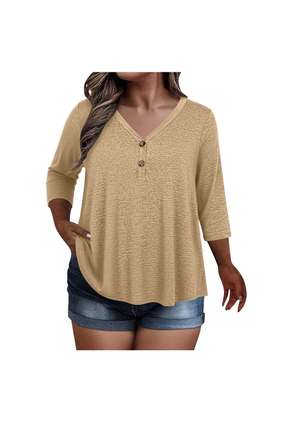 Women's Plus Size Tops 3/4 Length Sleeve V Neck Quarter Button Curved Hem Flowy Pleated T-Shirts Casual Tunic Blouses