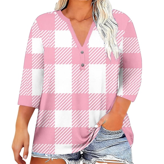 Lenpel Women's Plus Size Tops 3/4 Length Sleeve V Neck Quarter Button Plaid T Shirts Soft Casual Tees Loose Tunic Blouses(White,4X-Large)