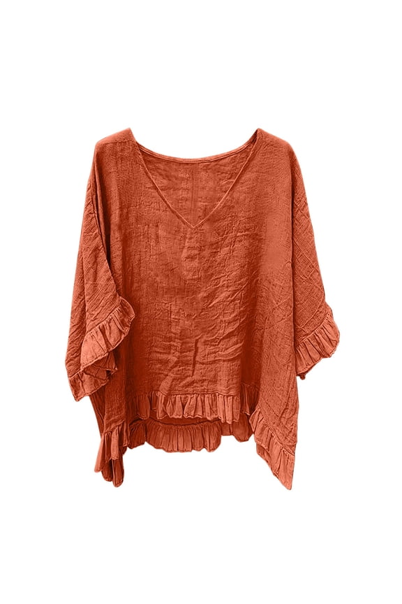 Women's Plus Size Tops 3/4 Length Sleeve V Neck Ruffle Trim Pleated T-Shirts Loose Tunic Tops Trendy Casual Tees