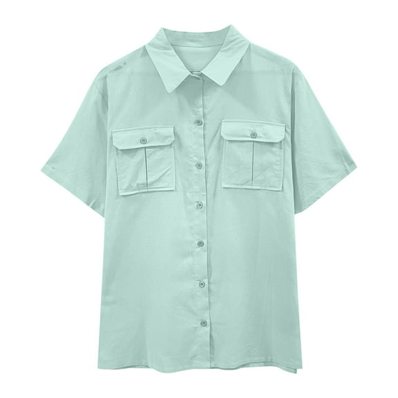 Lenpel Women's Plus Size Tops Cotton Linen Short Sleeve Collared Button down Shirts Business Casual Blouses with Pockets