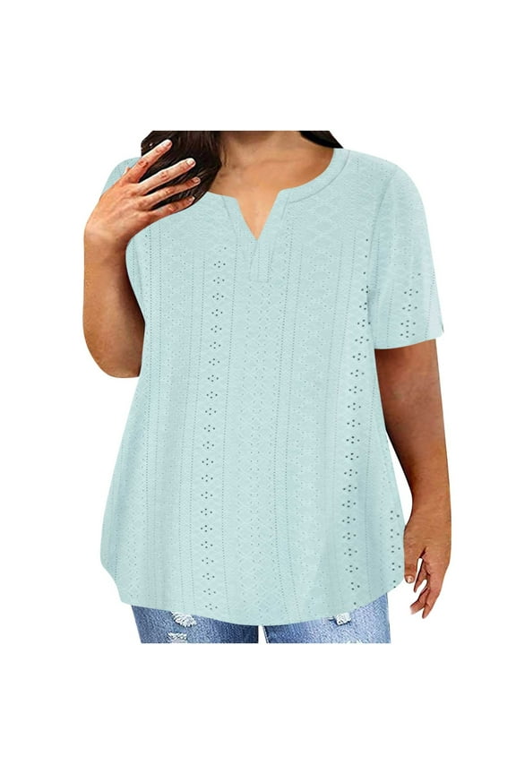 Women's Plus Size Tops Dressy Casual Short Sleeve V Neck Embroidered Eyelet Blouses Loose T Shirts