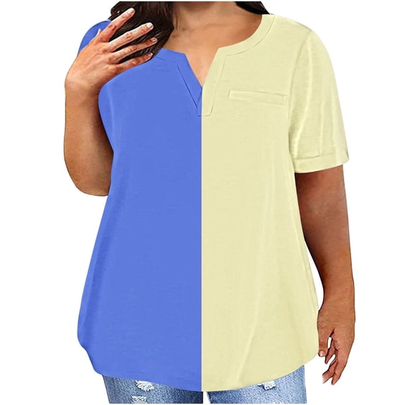 Lenpel Women's Plus Size Tops Fashion V Neck Short Sleeve Color Block Patchwork T Shirts Casual Tunic Blouses