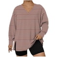 thumbnail image 1 of Lenpel Women's Plus Size Tops Long Sleeve Crew Neck Side Split Striped T Shirts Loose Tunic Blouses Soft Casual Tees(Khaki,3X-Large), 1 of 4