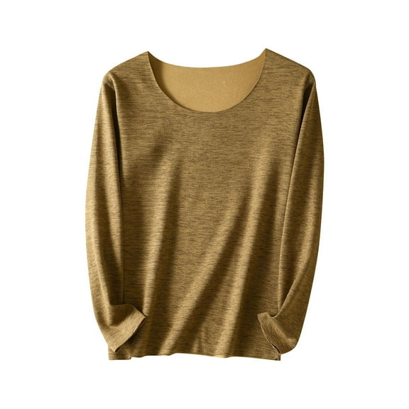 Lenpel Women's Plus Size Tops Long Sleeve Scoop Neck Fleece Thermal T Shirts Soft Casual Basic Tees Base Layer Undershirts(Coffee,3X-Large)
