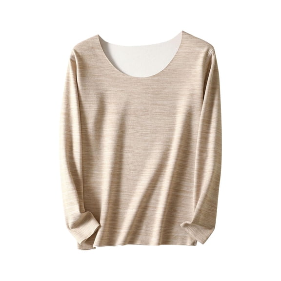 Lenpel Women's Plus Size Tops Long Sleeve Scoop Neck Fleece Thermal T Shirts Soft Casual Basic Tees Base Layer Undershirts(Khaki,4X-Large)