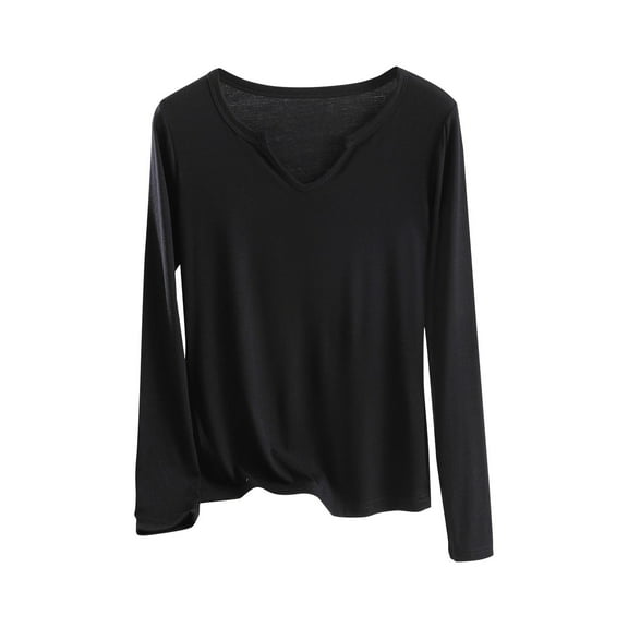 Lenpel Women's Plus Size Tops Long Sleeve V Neck Modal T-Shirts Soft Casual Tees Base Layer Undershirts Comfy Pajama Yoga Tops(Black,X-Large)