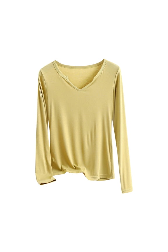 Women's Plus Size Tops Long Sleeve V Neck Modal T-Shirts Soft Casual Tees Base Layer Undershirts Comfy Pajama Yoga Tops(Yellow,Large)