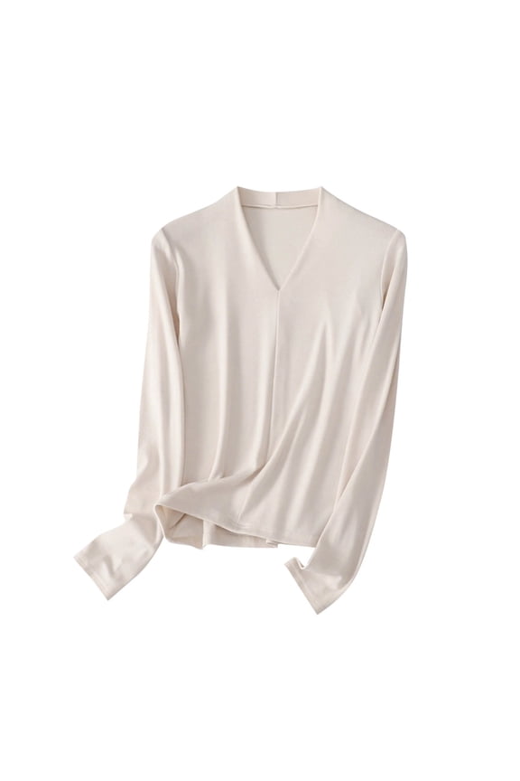 Women's Plus Size Tops Long Sleeve V Neck Solid Color Basic T Shirts Base Layer Tops Soft Casual Undershirts(Beige,Medium)