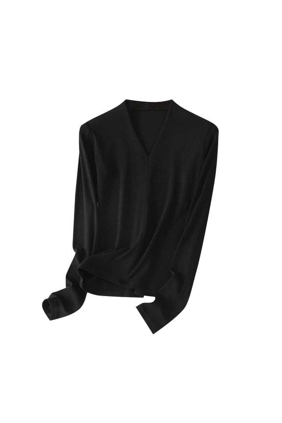 Women's Plus Size Tops Long Sleeve V Neck Solid Color Basic T Shirts Base Layer Tops Soft Casual Undershirts(Black,XX-Large)